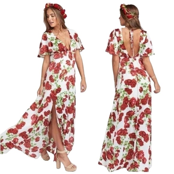 NEW Show Me Your Mumu Faye Flutter Maxi Dress, V-Neck, & Open Back with Tie, S - Picture 1 of 13